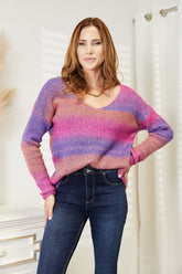 Multicolored Rib-Knit V-Neck Pullover Sweater with Relaxed Fit